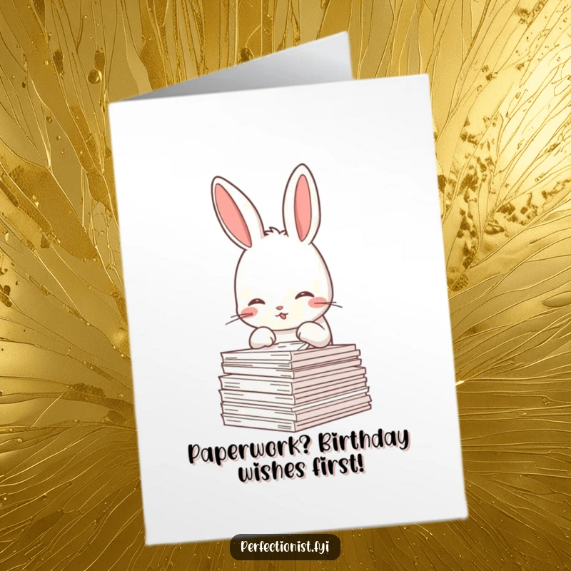 Funny free printable birthday card with a meticulous rabbit straightening papers, ready to add order to your celebration.