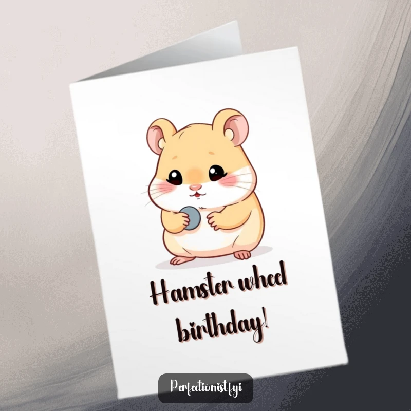 Funny Free Printable Hamster Birthday Card: A perfectionist hamster polishing a tiny button, ideal for a shiny celebration gift.