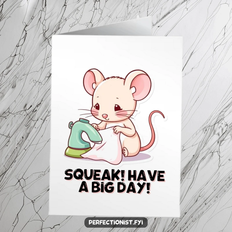 Funny Free Printable Mouse Birthday Card: A focused mouse intently ironing a tiny piece of fabric, celebrating with precision.