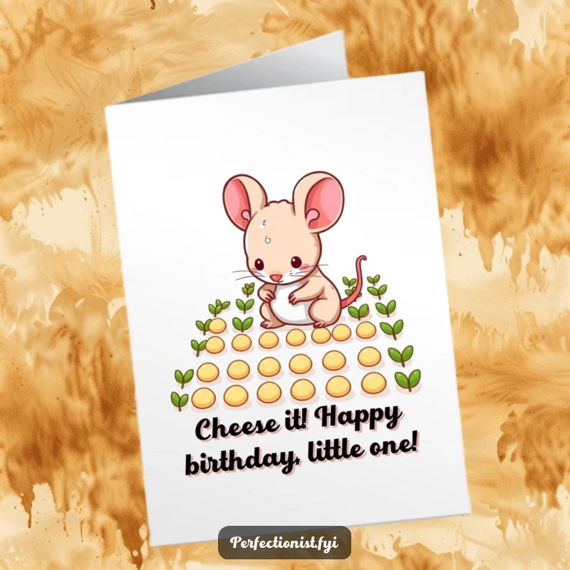 Funny Free Printable Mouse Birthday Card: A tidy mouse carefully arranges tiny seeds in precise rows, looking very organized.