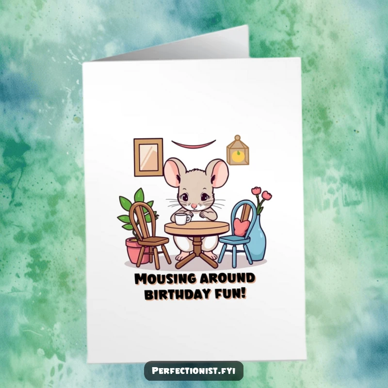 Funny Free Printable Mouse Birthday Card: A focused mouse adjusting a miniature table setting, ready for a celebration gift.