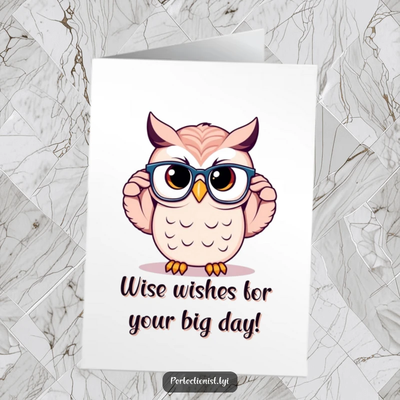 Funny free printable birthday card featuring a proud owl adjusting perfectly symmetrical glasses, looking distinguished and hilarious.