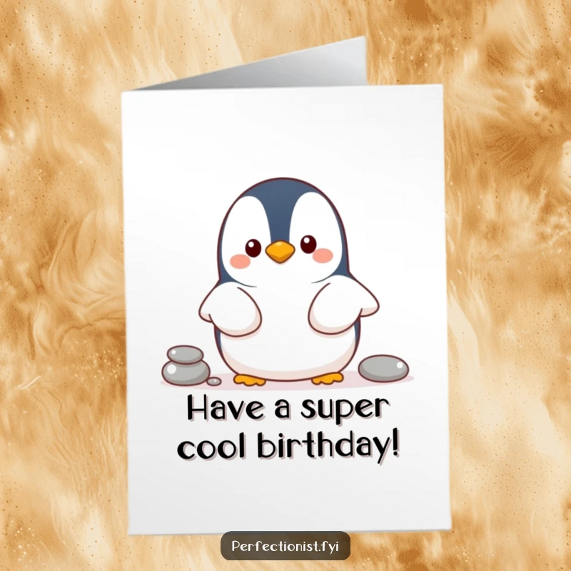 Funny Free Printable Penguin Birthday Card: A cheerful penguin meticulously organizing pebbles in a neat line for birthday wishes.