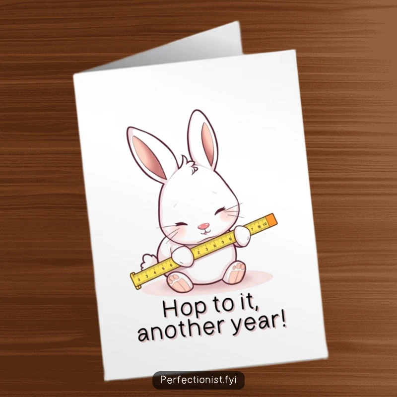 Funny free printable birthday card: a focused rabbit meticulously using a tiny ruler to measure everything, celebrating.