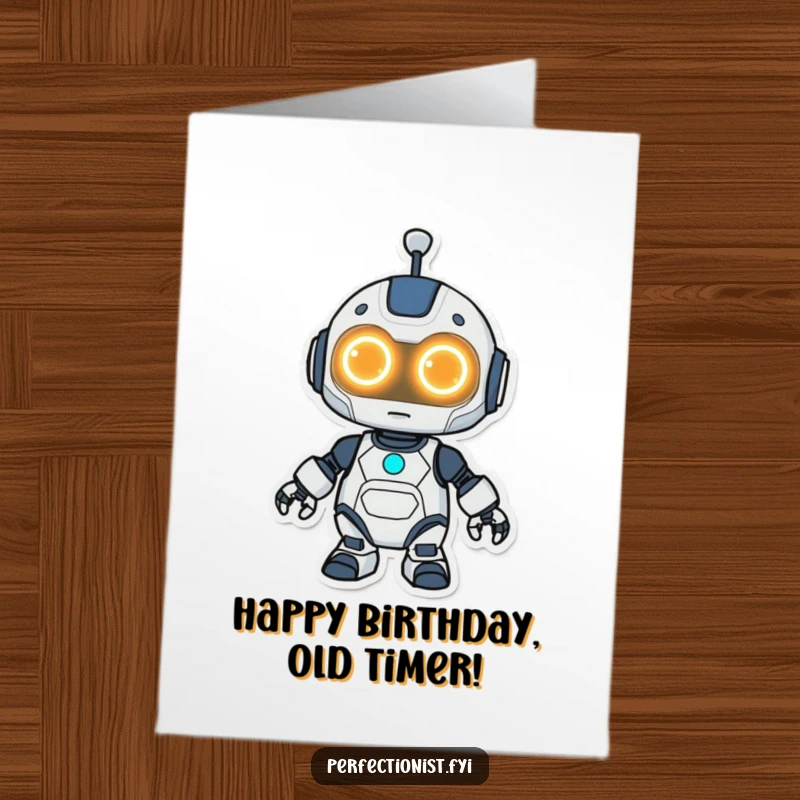 Funny Free Printable Birthday Card: Cute Kawaii Robot with glowing eyes, meticulously polishing a surface for a birthday surprise.
