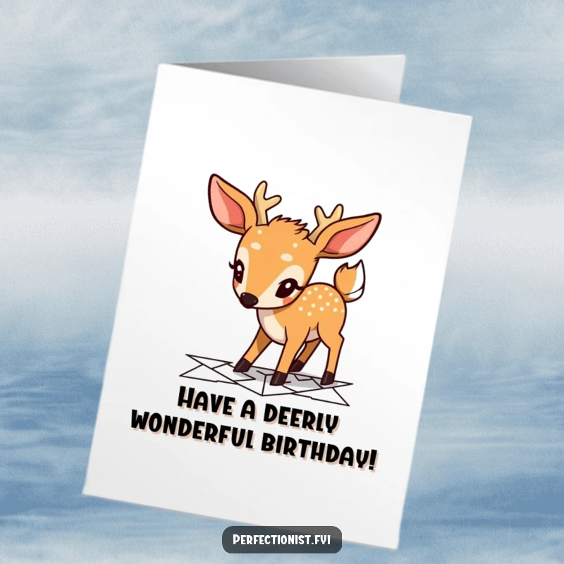 Funny Free Printable Birthday Card showing a focused deer character meticulously planning a geometric pathway, wishing a perfectly planned birthday.