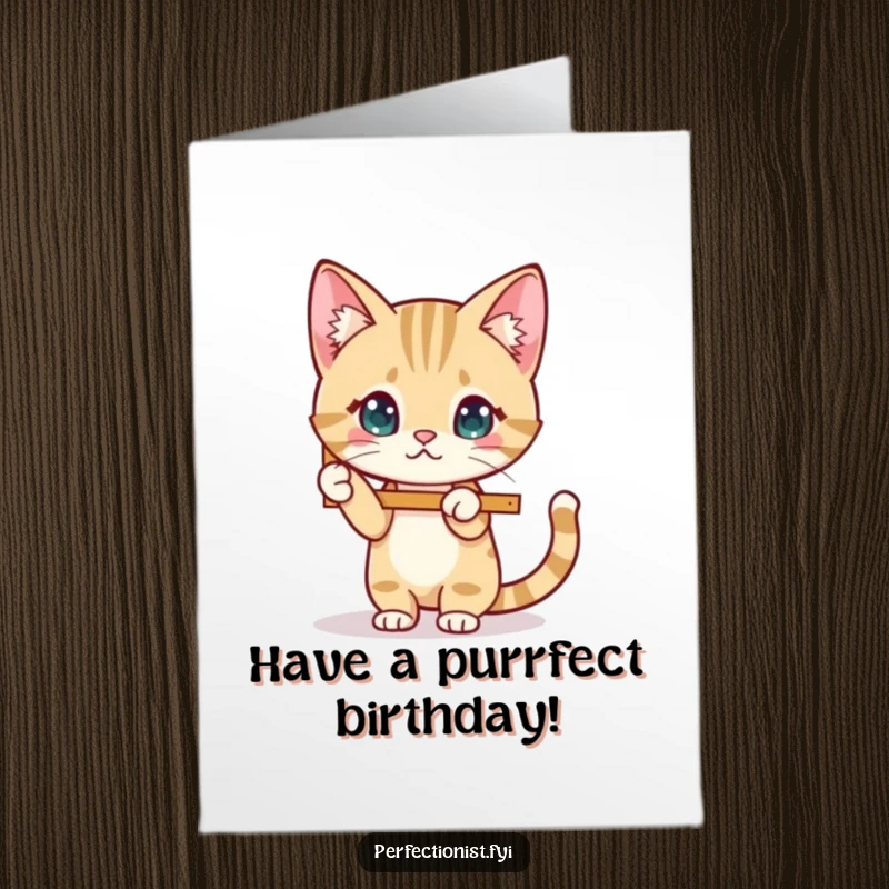 Funny Free Printable Birthday Card: A cat carefully straightens a crooked picture frame for a birthday.