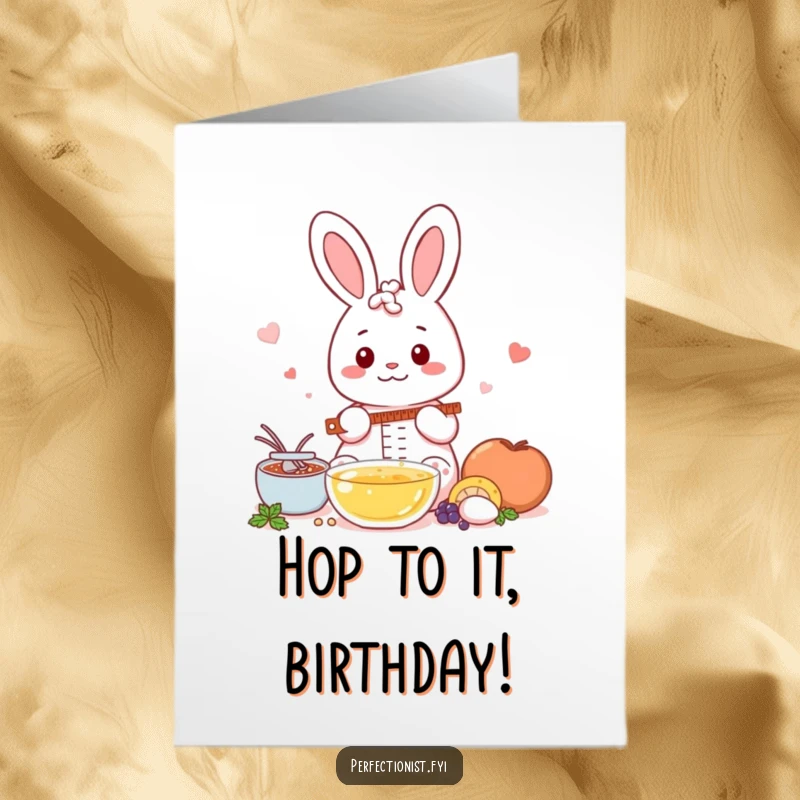 Funny Free Printable Birthday Card: Cute Kawaii Rabbit meticulously measuring flour, crafting the perfect birthday treat.