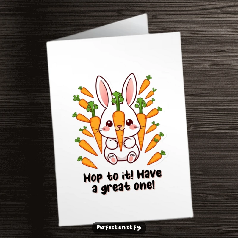 Funny Free Printable Birthday Card: A meticulous rabbit perfectly aligns carrots, celebrating a precisely wonderful birthday. Instant download.