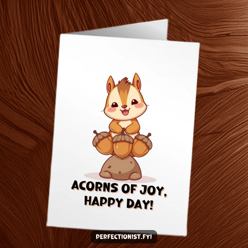 Funny Free Printable Chipmunk Birthday Card: A happy chipmunk balances three perfect acorns on their birthday.