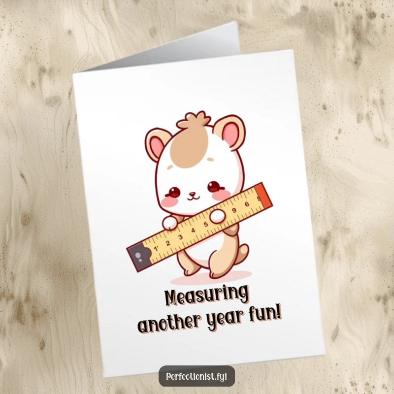 Funny Free Printable birthday card showing a small animal character meticulously measuring a straight line with a ruler.