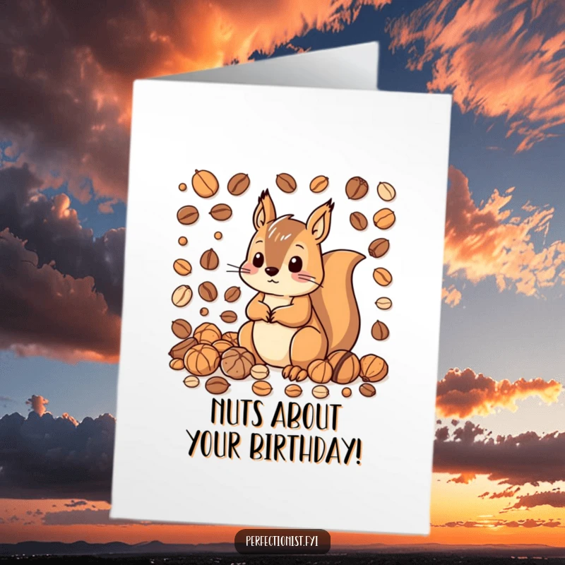 Funny Free Printable Squirrel Birthday Card: A squirrel sorts nuts by size and color for a special birthday.