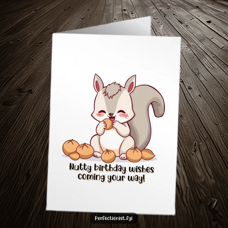 Funny free printable birthday card: cheerful squirrel meticulously polishing acorns to a high shine, spreading nutty birthday cheer.