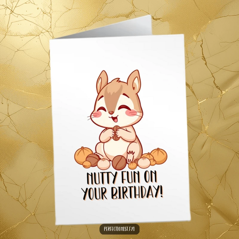 Funny Free Printable Squirrel Birthday Card: A giggling squirrel intently sorting nuts by size, a humorous and focused greeting.