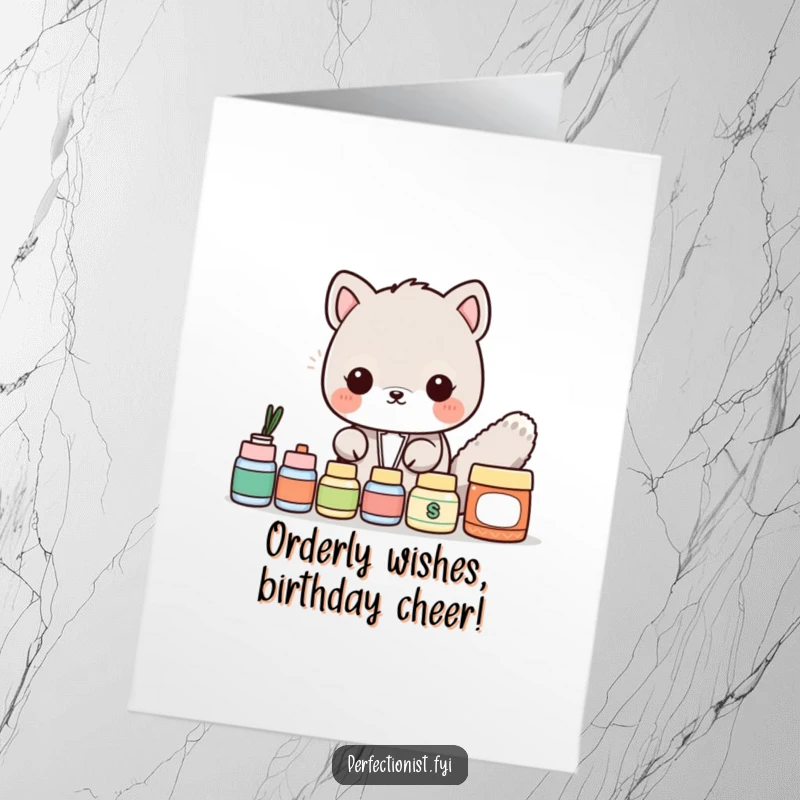 Funny Free Printable birthday card featuring a meticulous animal character perfectly aligning a row of items with a smile.