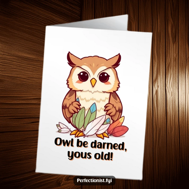 Funny Free Printable Owl Birthday Card: An organized owl meticulously sorts feathers by size, looking incredibly focused.