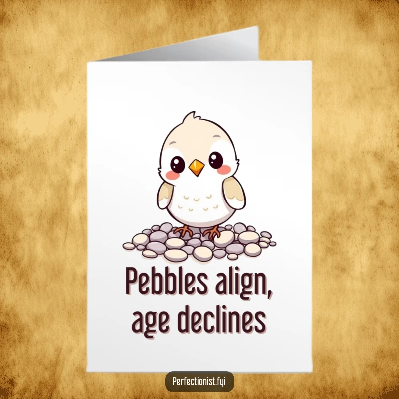 Funny Free Printable Bird Birthday Card with a meticulous bird arranging tiny pebbles for a special occasion.