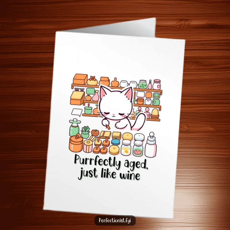 Funny Free Printable Birthday Card: A meticulous cat character carefully lines up objects in perfect, straight rows with pride.