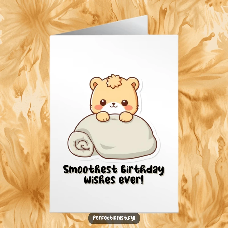Funny Free Printable Birthday Card: A meticulous animal character carefully smoothens a perfectly folded blanket, radiating calm. A downloadable gift.