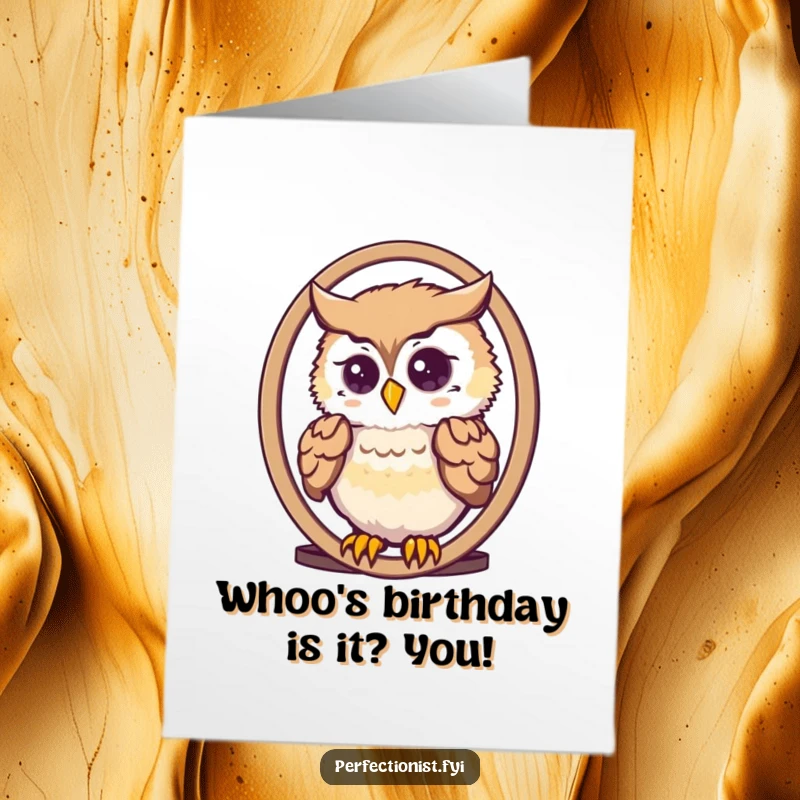 Funny Free Printable Owl Birthday Card: A cute owl preening its feathers in a mirror, a stylish and humorous card.