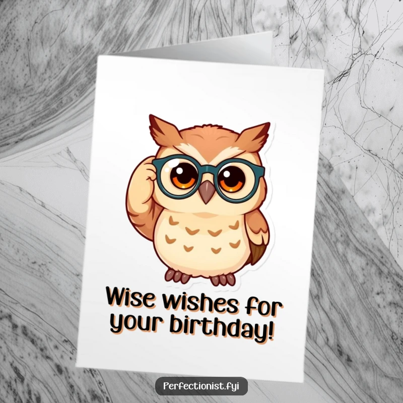 Funny Free Printable Birthday Card: A curious owl adjusts its spectacles, ready to witness a hilarious birthday celebration.