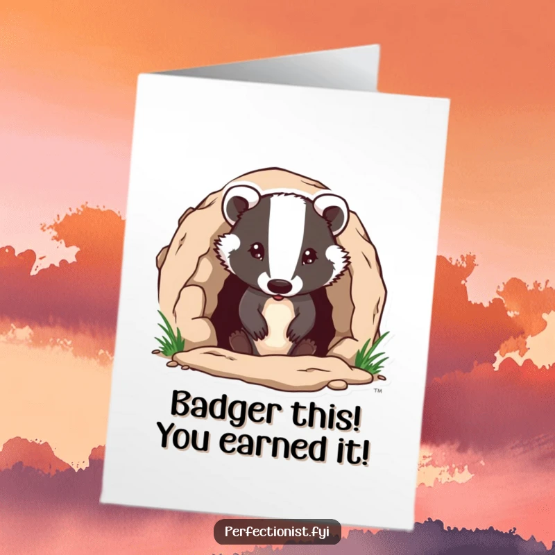 Funny Free Printable Badger Congratulations Card: A diligent badger proudly surveys its flawless burrow entrance after a success.