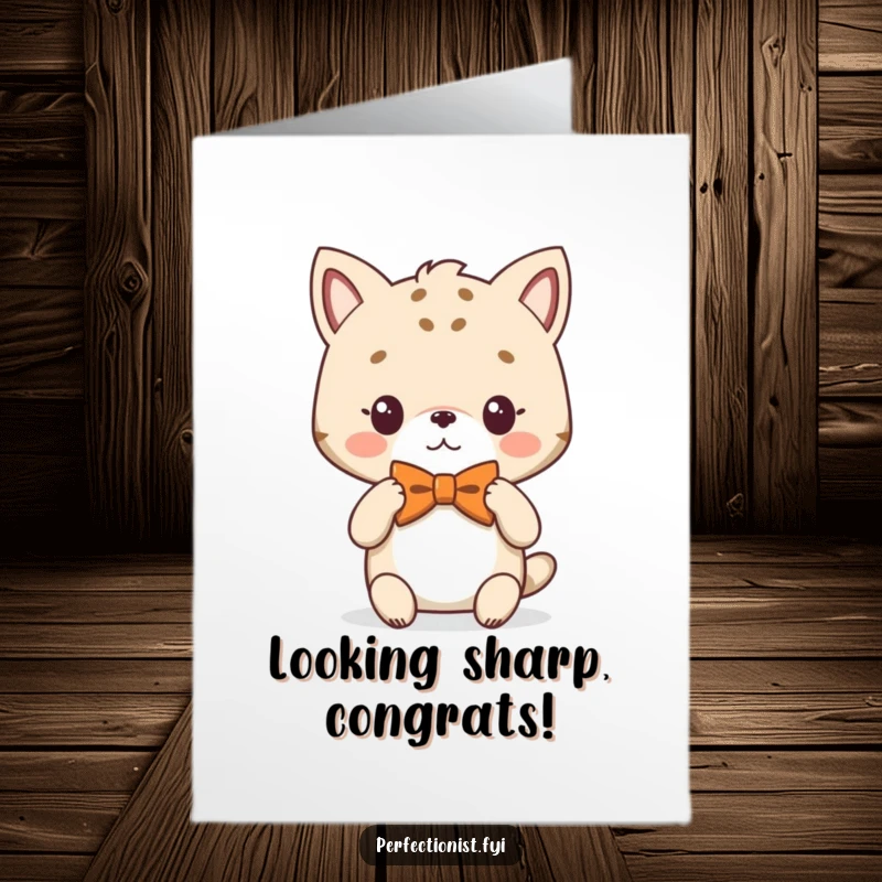 Funny Free Printable Congratulations Card: An animal character adjusts its perfectly symmetrical bowtie, radiating class and success. Downloadable art.