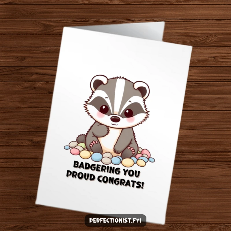 Funny Free Printable Badger Congratulations Card: A tidy badger alphabetizing pebbles, celebrating organized success, a DIY gift.