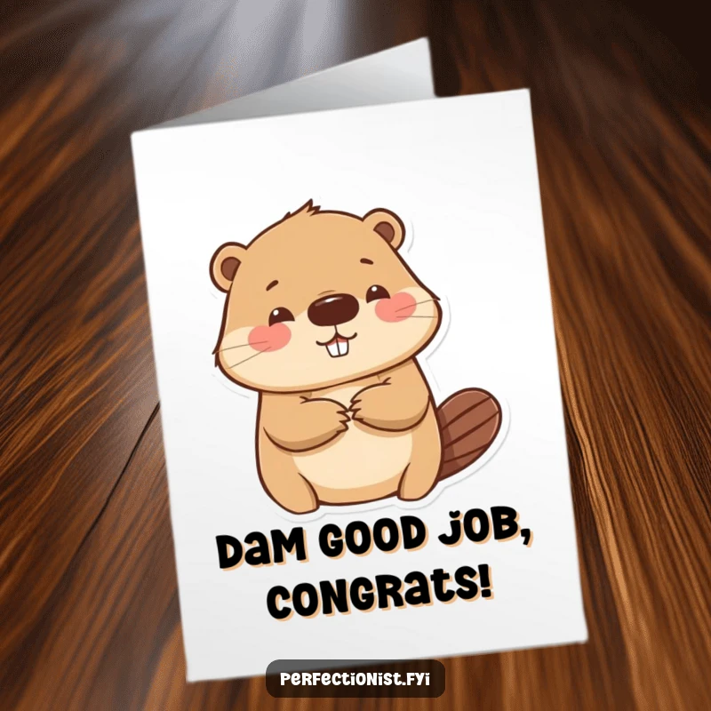 Funny Free Printable Beaver Congratulations Card: A beaver smoothing paper wrinkle, celebrating success with precision, a great downloadable gift.