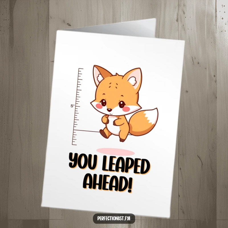 Funny free printable congratulations card showing a fox measuring a jump, symbolizing reaching goals with careful planning and precision.