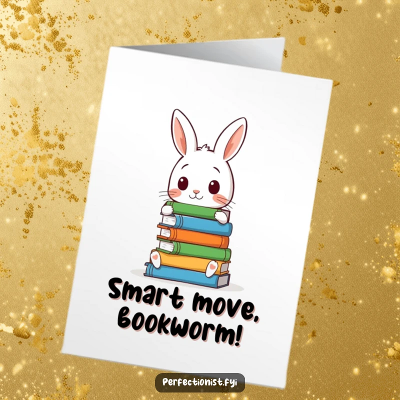 Funny Free Printable Congratulations Card showing a rabbit meticulously organizing books, celebrating an achievement.