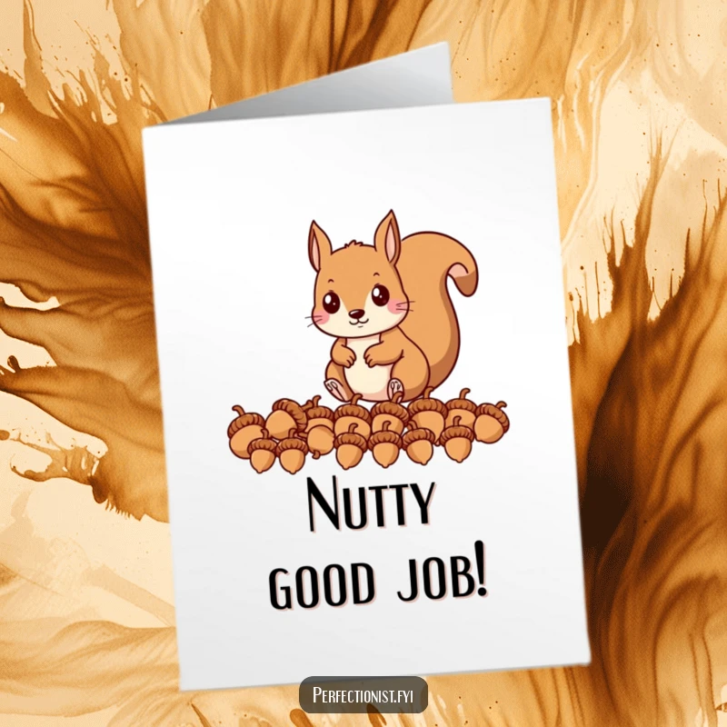 Funny Free Printable Congratulations Card showing a precise squirrel lining up acorns in a perfect, winning row.