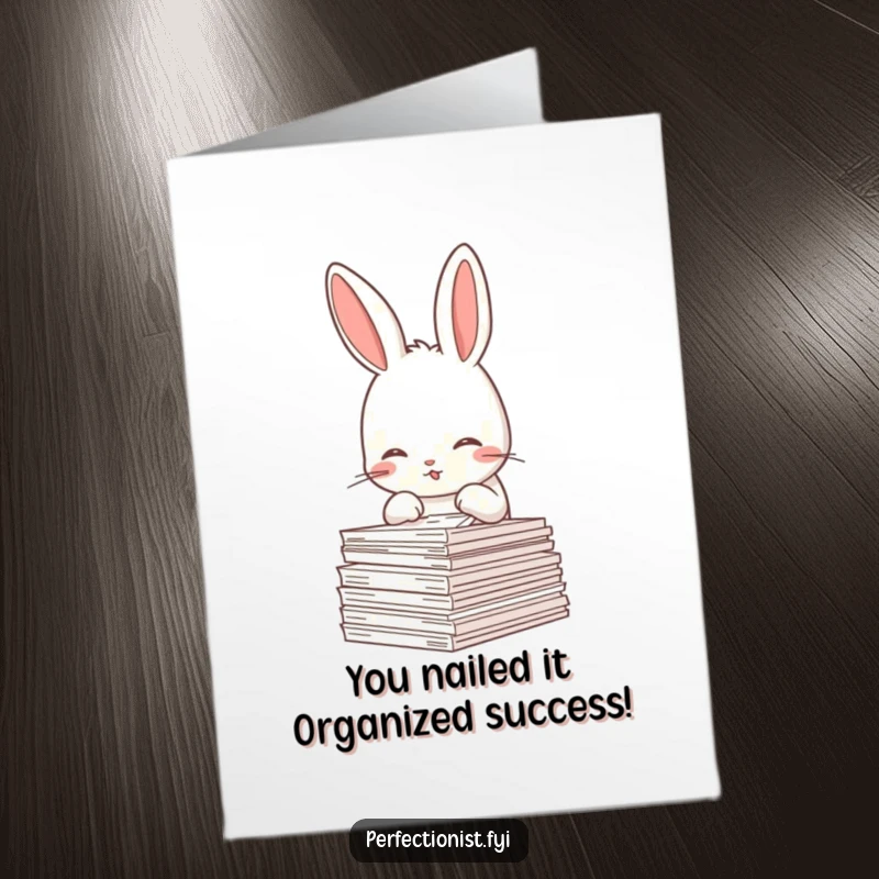Funny free printable congratulations card featuring a meticulous rabbit organizing papers, celebrating any achievement with precision.