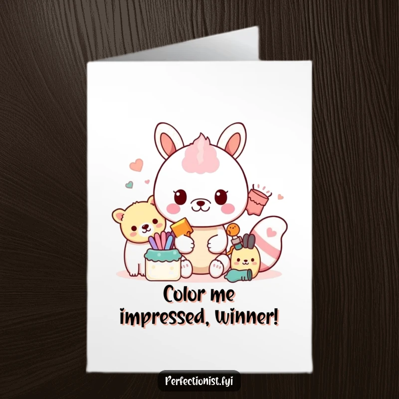 Funny Free Printable Congratulations Card with a fussy animal perfectly arranging colorful items, celebrating achievements with neatness.