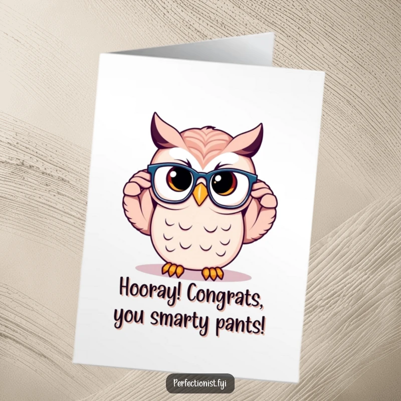 Funny free printable congratulations card with a proud owl adjusting its perfectly symmetrical glasses, giving wise approval.