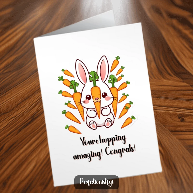 Funny Free Printable Congratulations Card: A meticulous rabbit perfectly spaces carrots, representing an organized and successful achievement. Instant download.
