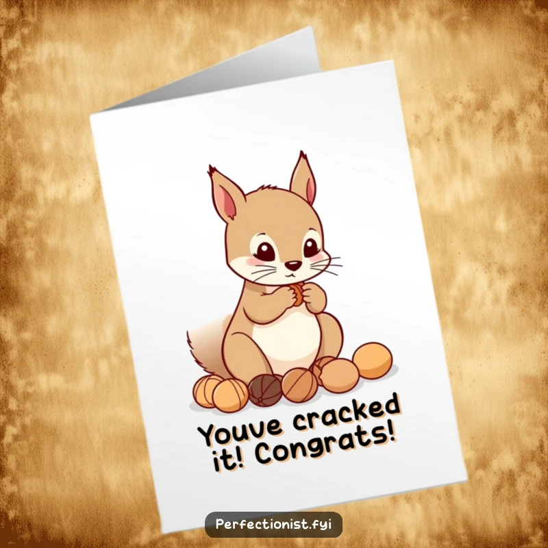 Funny Free Printable Congratulations Card: A precise squirrel perfectly lines up nuts, symbolizing an organized and successful achievement. Instant download.