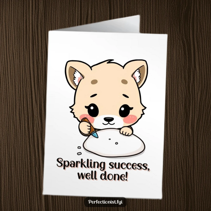 Free Printable Congratulations Card showing a cute animal character meticulously cleaning dust, a precise and funny downloadable celebration.