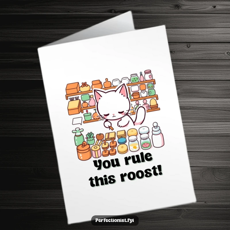 Funny Free Printable Congratulations Card: A precise cat character meticulously organizes items into perfectly aligned rows.