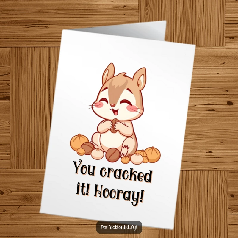 Funny Free Printable Squirrel Congratulations Card: A giggling squirrel sorting nuts by size with focus, celebrating success, downloadable art.