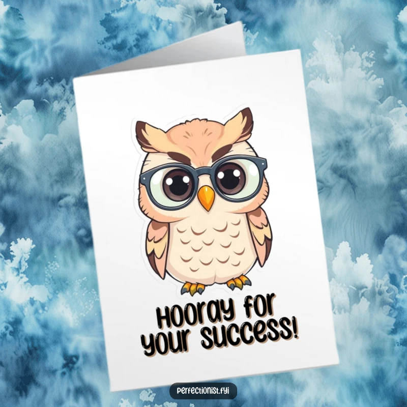 Funny Free Printable Congratulations Card: A focused owl character carefully cleans its spectacles, symbolizing clear insight.