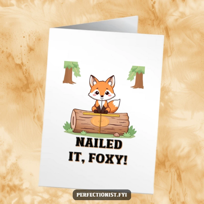 Funny Free Printable Congratulations Card: Precise fox measuring the exact center of a log, signifying a perfectly executed plan.