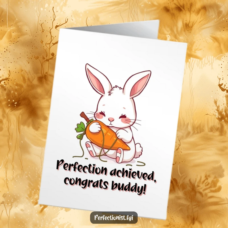 Funny Free Printable Congratulations Card featuring a meticulous rabbit ensuring a carrot is perfect, implying great achievements.