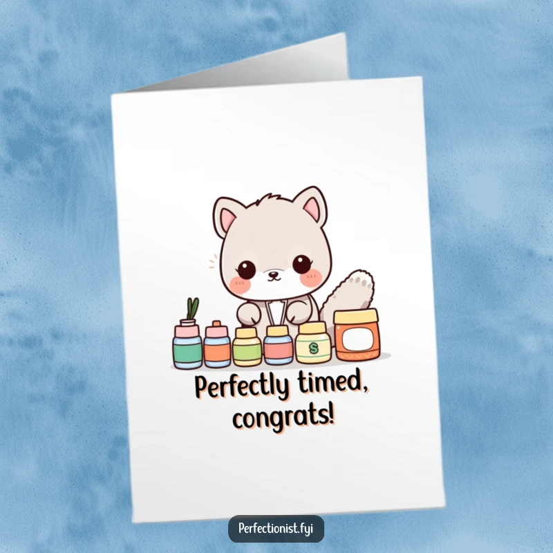Free Printable congratulations card with a detail-oriented animal character meticulously lining up items to celebrate success.