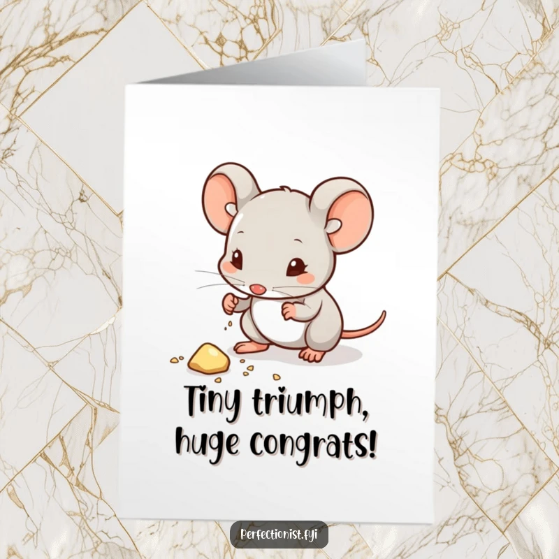 Funny Free Printable Mouse Congratulations Card: A mouse wipes a dust speck from a crumb, celebrating meticulous success.