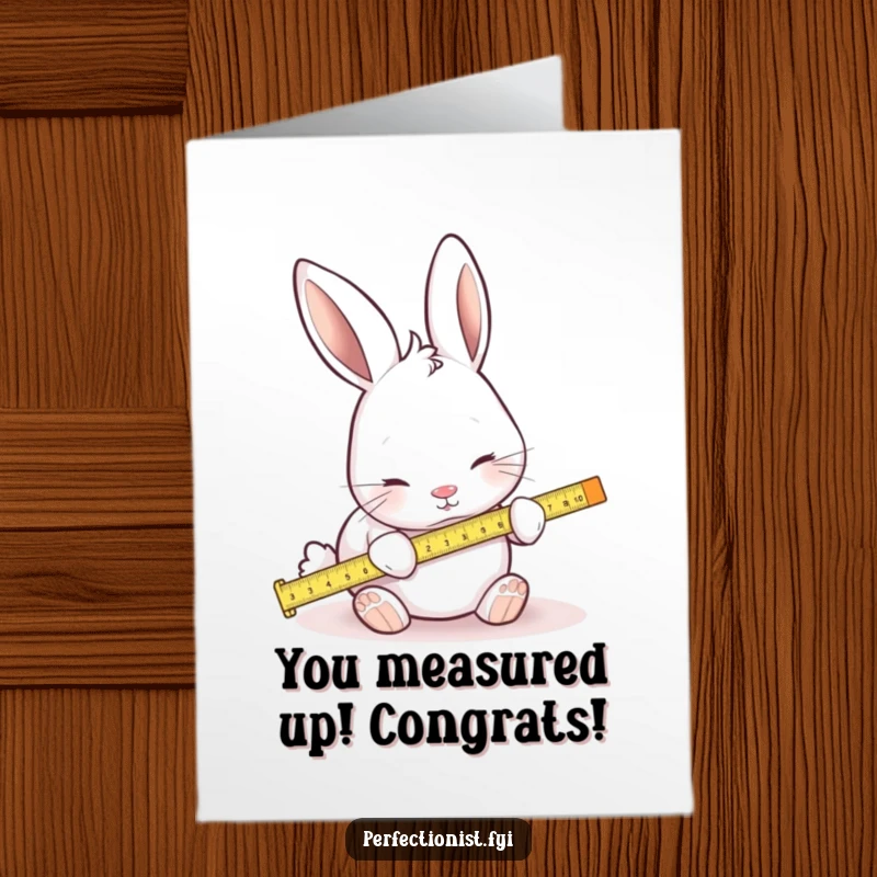 Funny free printable congratulations card: a determined rabbit using a small ruler to measure every detail, celebrating achievements.