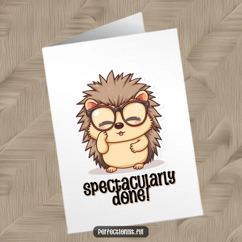 Funny Free Printable Congratulations Card showing a diligent hedgehog cleaning its spectacles, celebrating clear success.