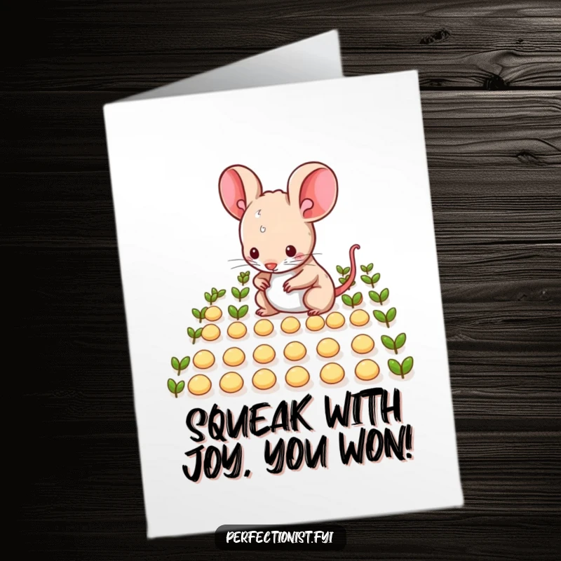Funny Free Printable Mouse Congratulations Card: A tidy mouse celebrates a win by arranging seeds in perfect, neat rows.