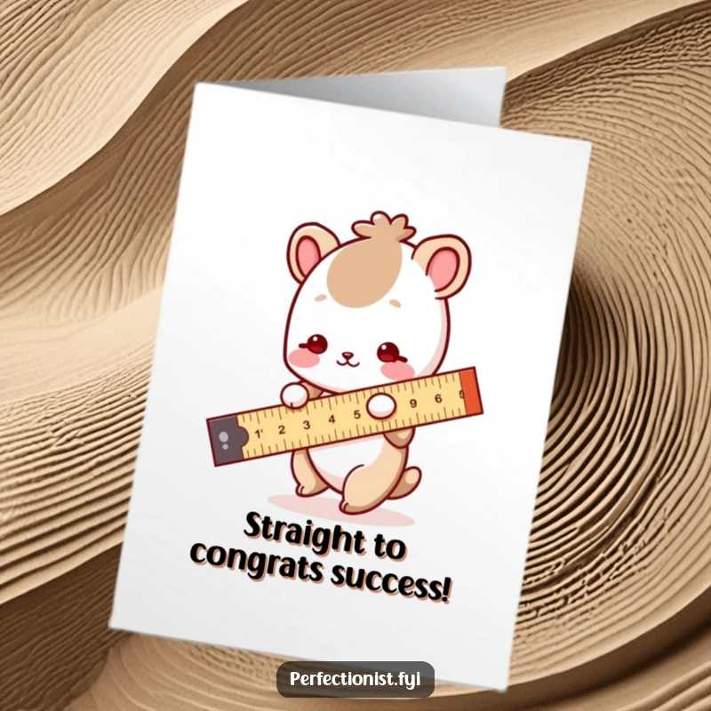 Free Printable congratulations card featuring a small animal character using a ruler to ensure a perfectly straight line.