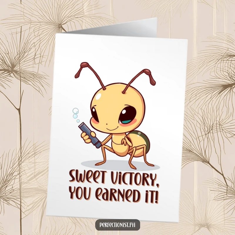 Funny Free Printable Ant Congratulations Card: A determined ant polishing a sugar grain, celebrating sweet success, downloadable art.